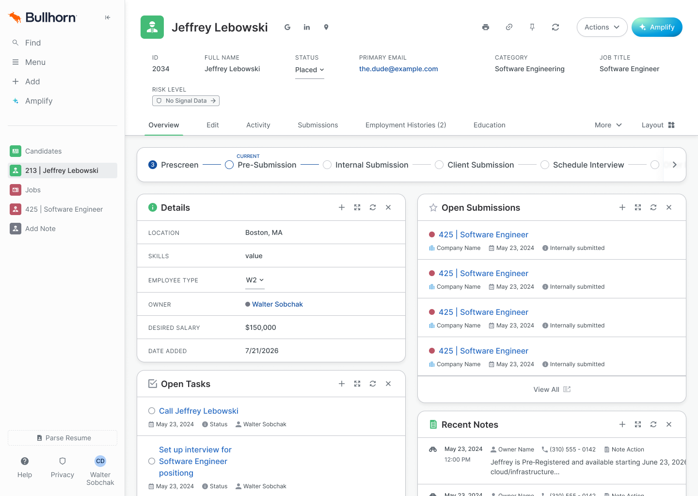 The redesigned candidate record: a light sidebar with recent records, a header grouping ID, name, status and contact fields, a linear workflow tracker, and cards for details, open submissions, open tasks and recent notes.