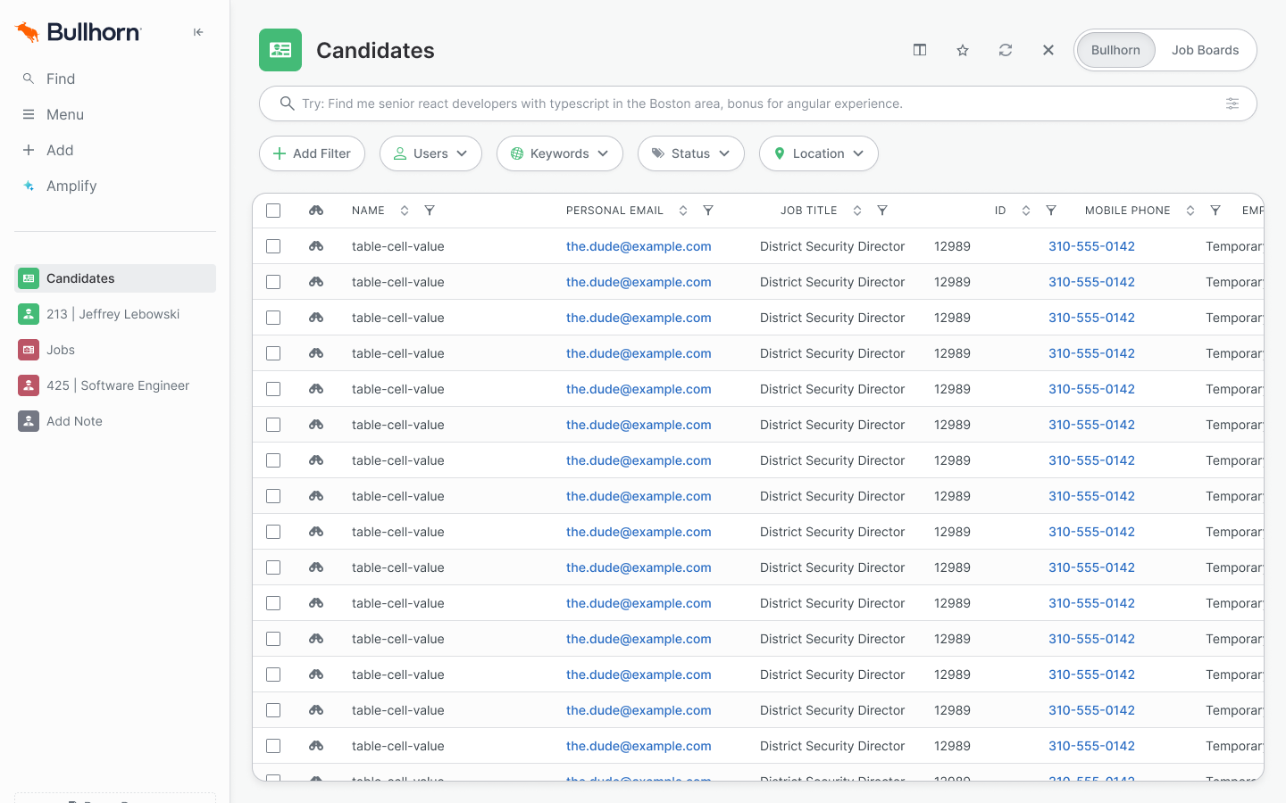 The redesigned candidate list: a plain-language search field, filter chips for users, keywords, status and location, and a lighter table of candidates with sortable, filterable columns.
