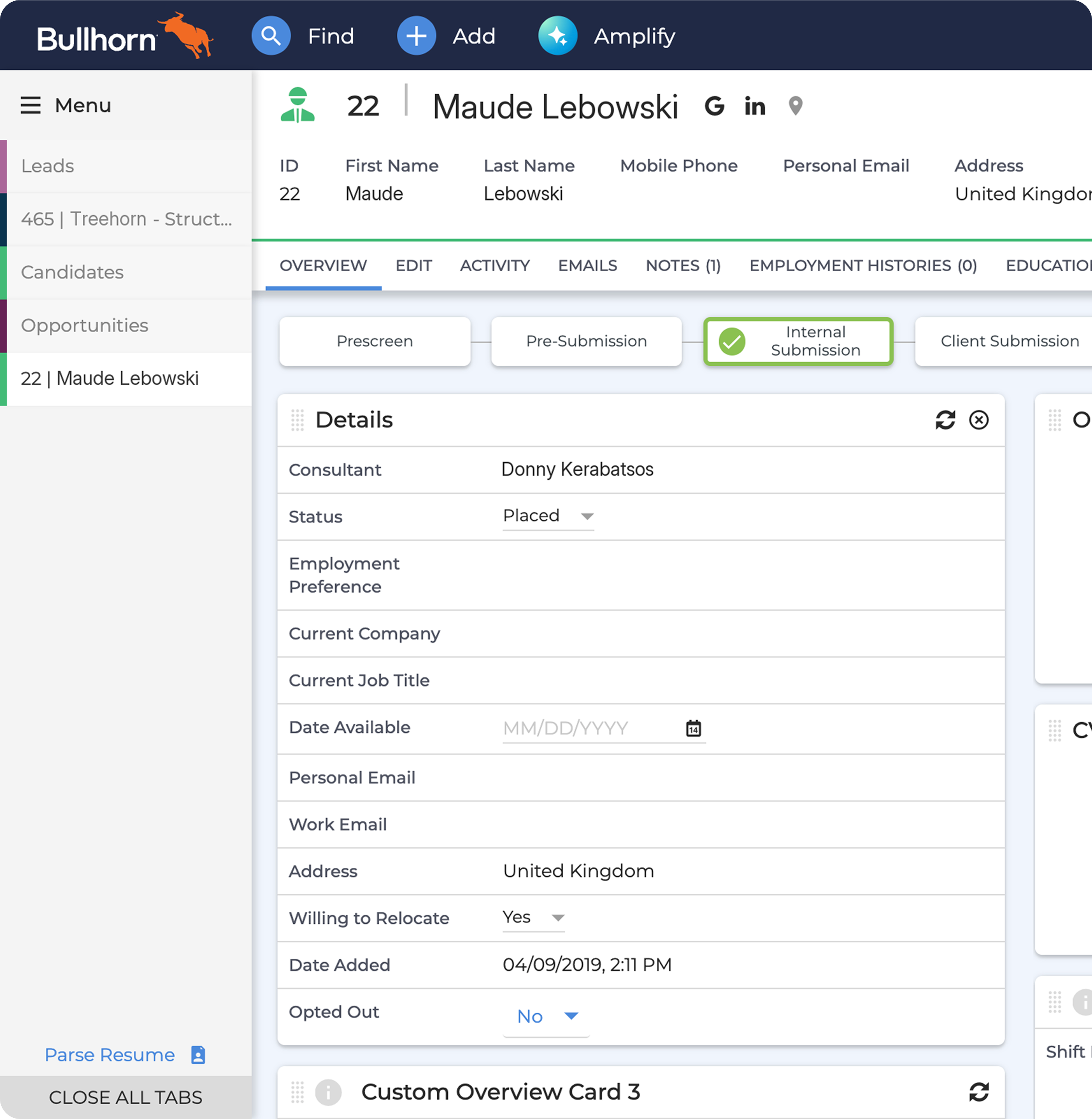 The candidate record before the redesign: a dark navy header bar, all-caps tabs, boxed workflow steps, and a details card listing consultant, status, employment preference and address.
