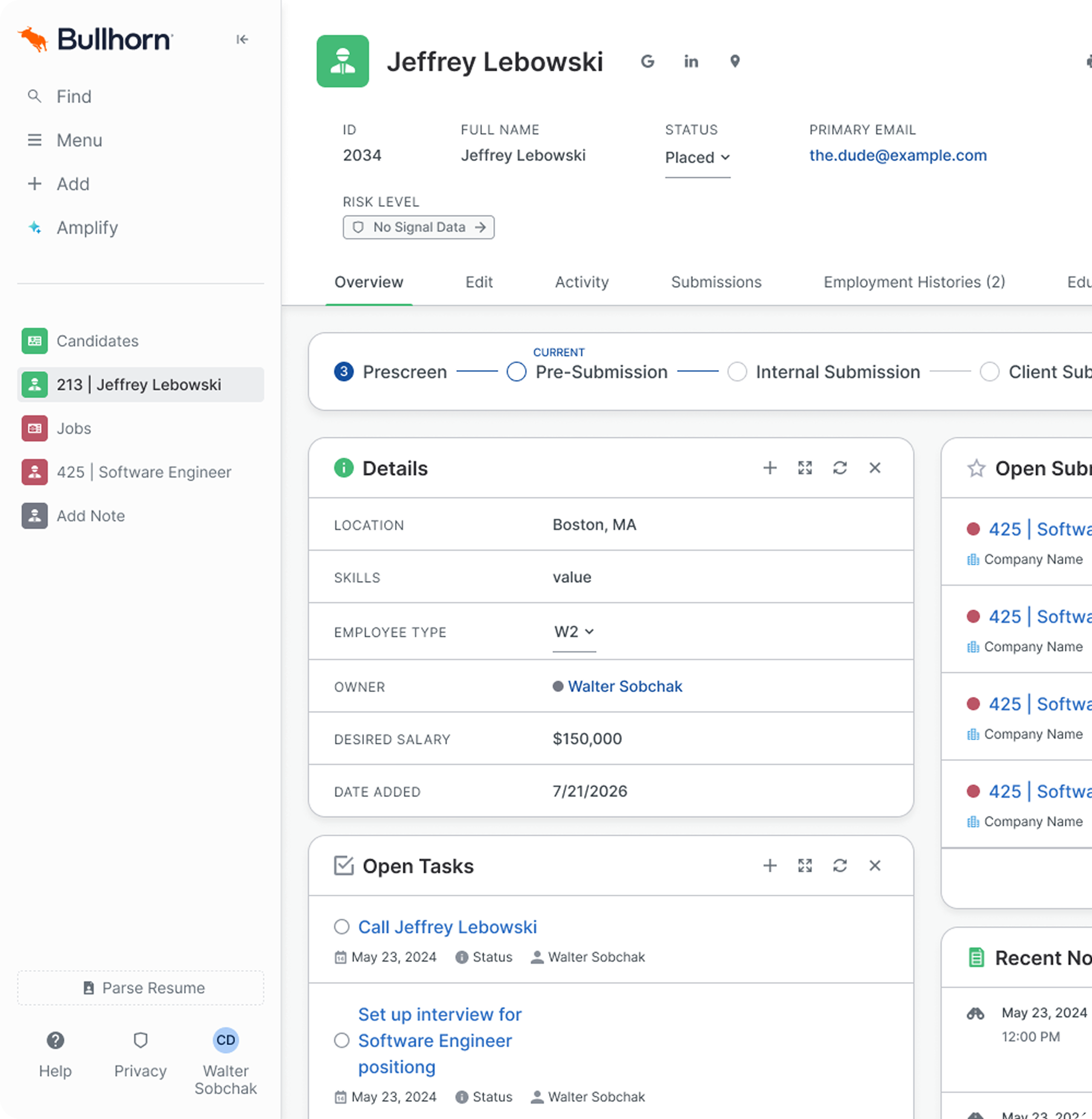 The same record redesigned: a lighter sidebar, the header grouping ID, name, status and email, a linear workflow tracker, and cards for details, open tasks and submissions.
