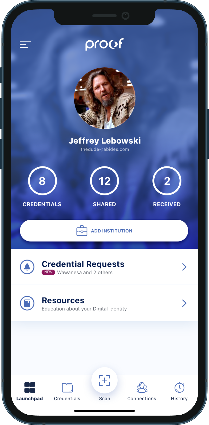 Proof Digital Identity on iPhone, final launchpad design