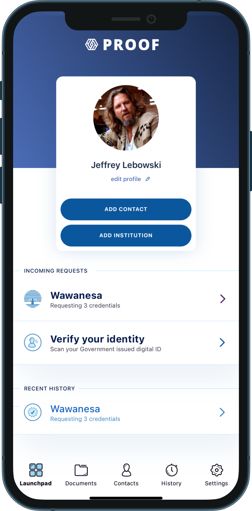 Proof Digital Identity on iPhone, launchpad