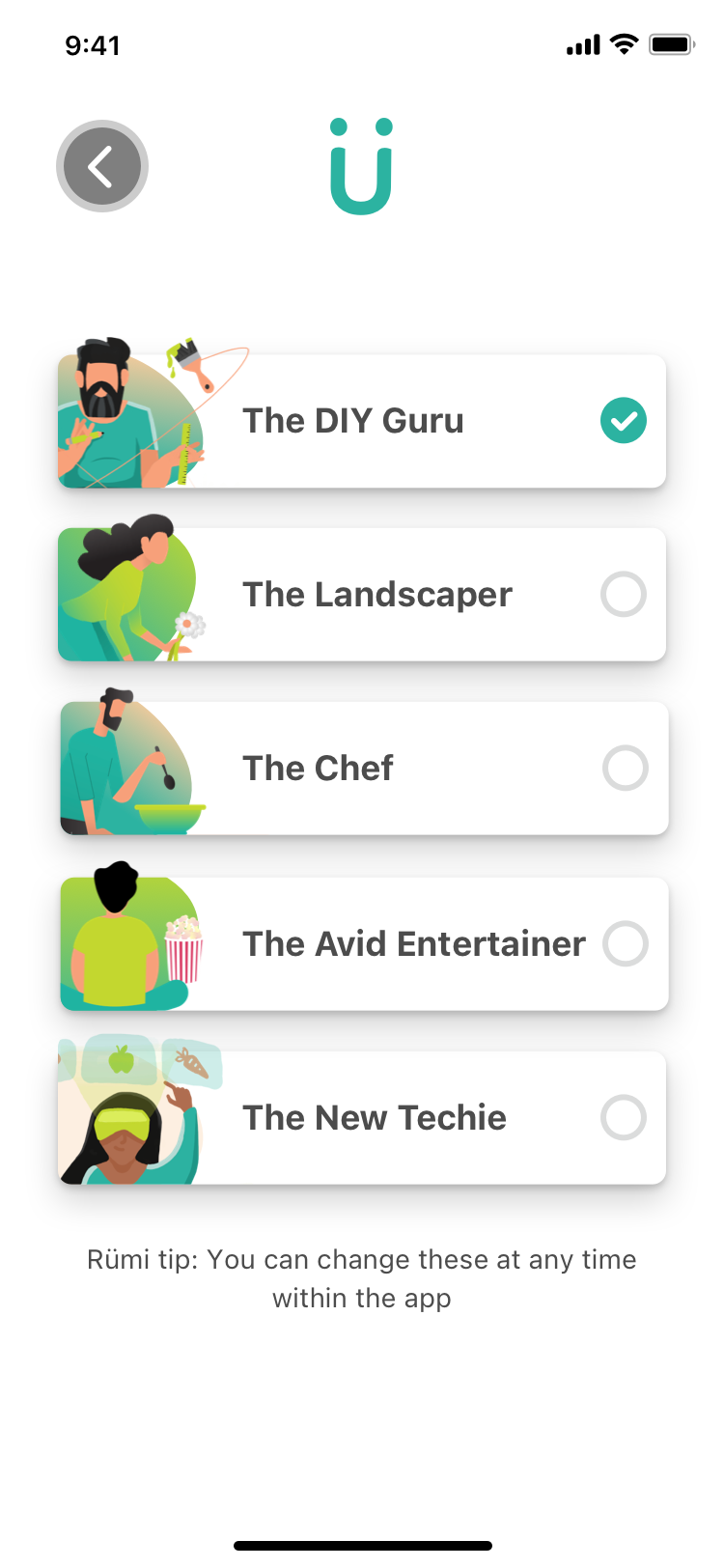 Rümi onboarding screens showing persona options for different homeowner types, including DIY, landscaping, cooking, entertaining, and technology interests.