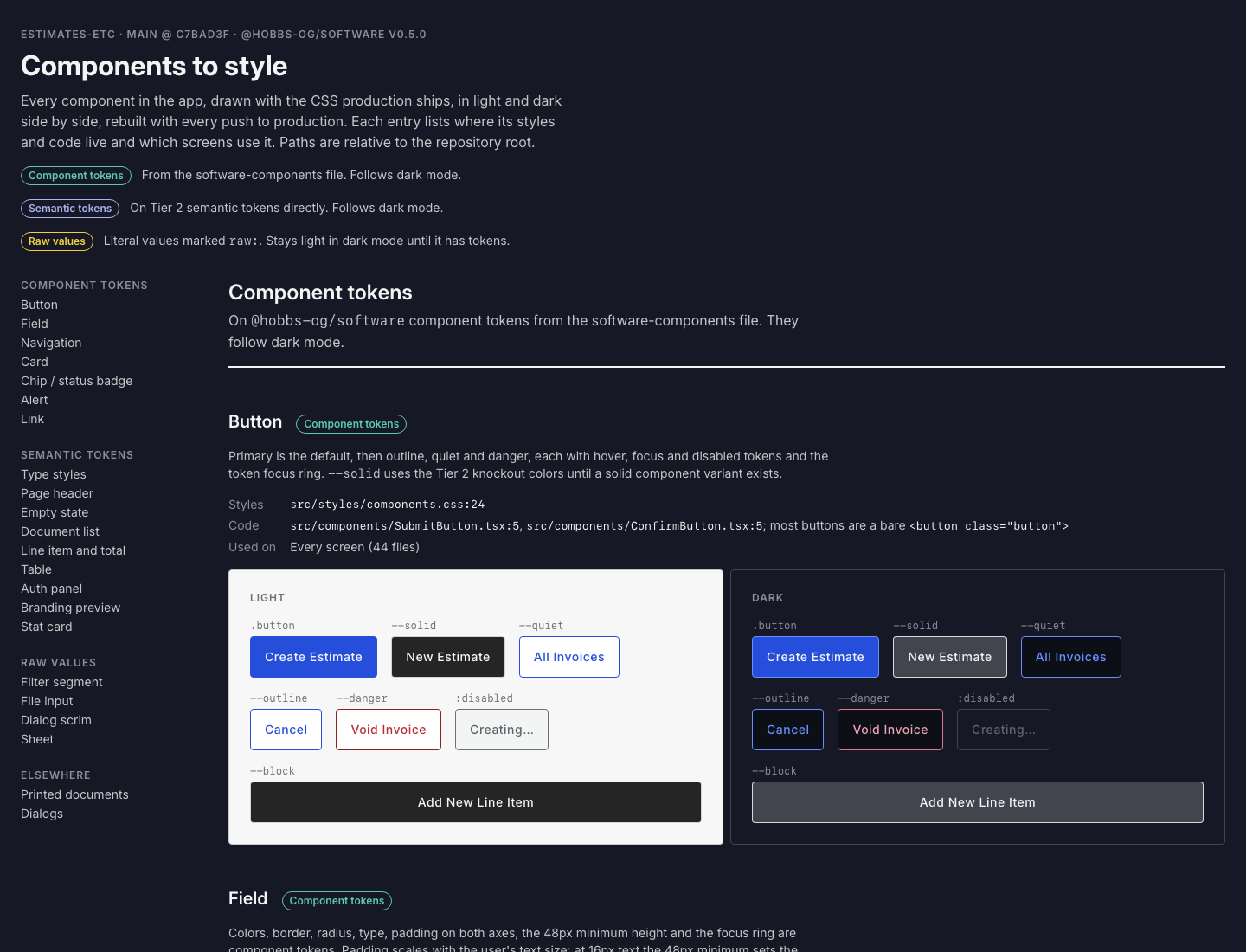 The app's component reference page: a status key reading component tokens, semantic tokens and raw values, a sidebar listing every component under the status it has, and the button component drawn in light and dark with its variants, the files its styles and code live in, and the screens that use it.